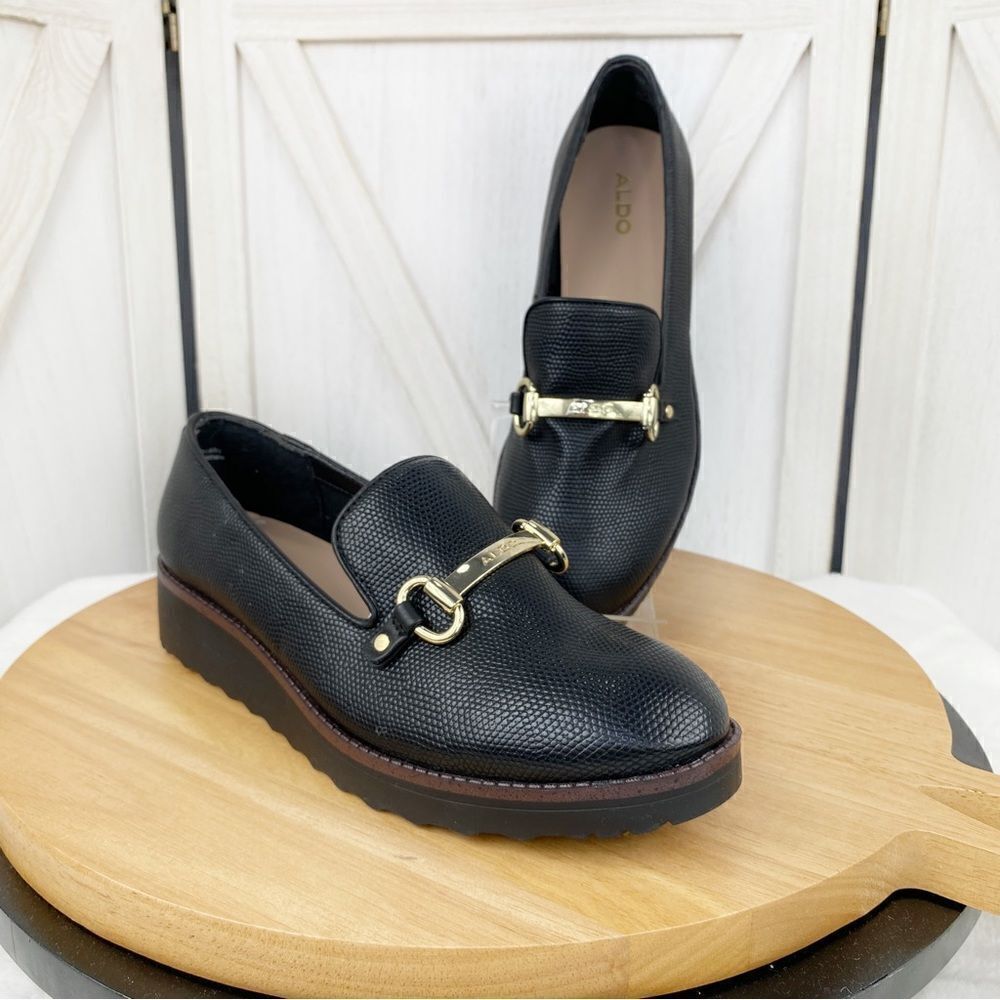 Aldo Yolanda Wedge Heel Slip On Loafer Shoes Black 9 Preppy Classic Horse Bit